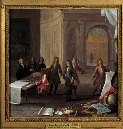 El rey Luis XV (1710-1774) niño recibiendo una lección en presencia del cardenal Fleury y el regente Felipe II duque de Orleans (1674-1723) de French School