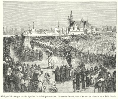 El rey Felipe III de Francia llevando los huesos de su padre, Luis IX, a su entierro en la Basílica de St Denis, París de French School