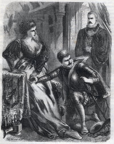 El Rey Felipe II (1527-1598) sorprende a su hijo, el Príncipe Don Carlos (1545-1568), intentando violar a su madrastra, la Reina Isabel (1545-1568) (Isabel de Francia o Isabel de Valois), el 17 de enero de French School