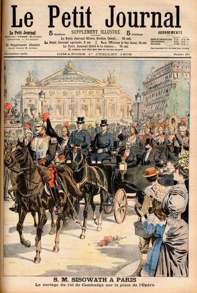 El Rey Preah Bat Sisowath de Camboya visitando París. El desfile real en la Plaza de la Ópera. SM Sisowath (1840-1927) en París. El cortejo del Rey de Camboya en la Plaza de la Ópera. Ilustración para Le Petit Journal. de French School