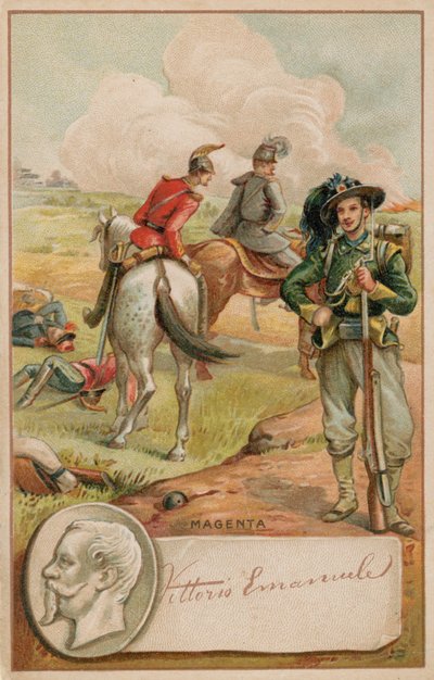 El rey Víctor Manuel de Italia y el campo de batalla de Magenta de French School