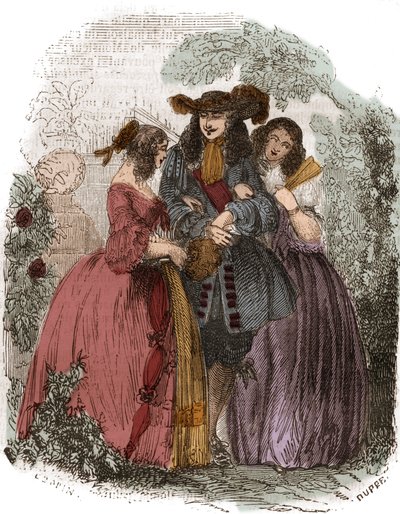 Rey de Francia Luis XIV (1638-1715) con Hortensia Mancini (1646-1699) y su hermana María Mancini (1639-1715). Sobrinas de Mazarino. Grabado del siglo XIX. de French School