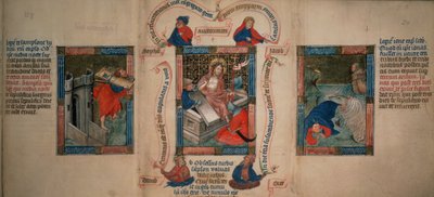 Reyes 5 f.20 La Resurrección, Sansón derribando las puertas de Gaza, Jonás escapando de la ballena, de la Biblia Pauperum, principios del siglo XV (vitela) de French School
