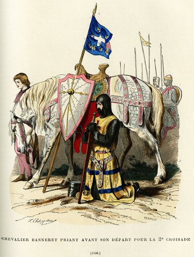 Caballero estandarte (título nobiliario que da derecho a llevar un estandarte) rezando antes de su partida para la segunda cruzada (1147-1149). Grabado en color, en "France et les francais a travers les siecles" de Augustin Challamel, F.Roy editor, París 1 de French School