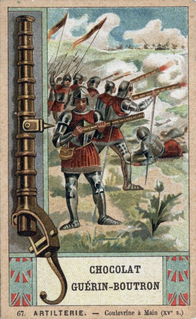 Caballero maniobrando una culebrina de mano del siglo XV. Cromolitografía del siglo XIX de chocolates Guérin-Boutron. de French School