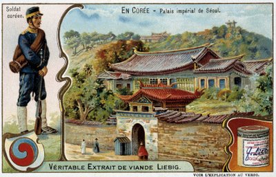 Corea: Palacio Imperial de Seúl y traje de soldado - cromo Liébig, c.1900 de French School