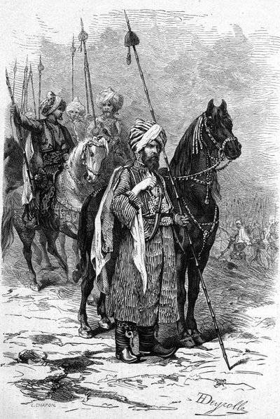 Soldados kurdos en 1877 durante la Guerra del Este (1875-1878) también llamada la Guerra Ruso-Turca. Grabado en "Le Monde Illustré" n°1055 del 30 de junio de French School