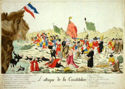 El Ataque a la Constitución, pub. 1792 (grabado coloreado a mano) de French School