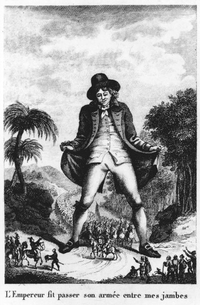 El emperador hizo pasar su ejército entre mis piernas, tomado de una traducción francesa de Los viajes de Gulliver de French School