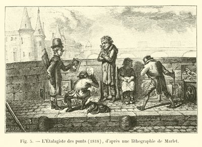 El vendedor ambulante de los puentes, 1818, según una litografía de Marlet de French School
