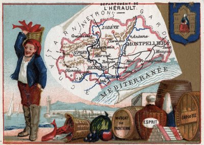 El Hérault (34), Languedoc-Rosellón, Francia. Pescador local y especialidad: Muscat de Frontignan, farmacia, licor y aguardiente. Serie sobre los Departamentos Franceses. Cromolitografía "el hilo geográfico", circa 1920. Colección privada de French School