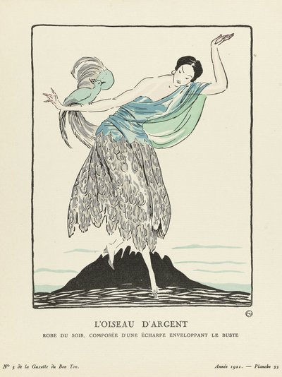 El Pájaro de Plata. Vestido de noche, consistente en un pañuelo enrollado alrededor del busto de La Gazette du Bon Ton, pub. 1914 (Impresión en plantilla) de French School