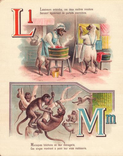 L M: Cordero, lavandería, monos, menagerie de French School