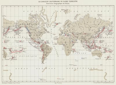 El calor subterráneo de la Tierra, Distribución geográfica de los volcanes (litografía en color) de French School