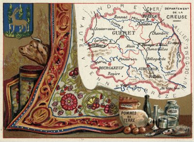 La Creuse, Le Limousin, Francia. Castañas, patatas y sanguijuelas. Serie sobre los Departamentos Franceses. Cromolitografía, circa 1920. Colección privada. de French School
