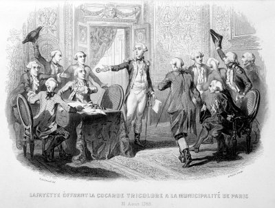 La Fayette ofreciendo la Cocarda Tricolor a la Municipalidad de París (31 de agosto de 1789) - en “Fastes de Gardes nationales de France” de French School