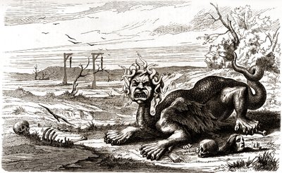 La Frond (1648-1653): un animal monstruoso con pelo de serpiente, se alza sobre cadáveres y esqueletos humanos de French School