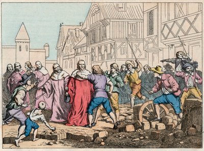 La Fronda (27 de agosto de 1648) - barricadas en París: un niño rotor amenazando al Presidente del Parlamento, Mathieu Mole (1584-1656) - Presidente Mole maltratado por insurgentes - Grabado de finales del siglo XIX en “Nos Gires Nationales - Imágenes y re de French School
