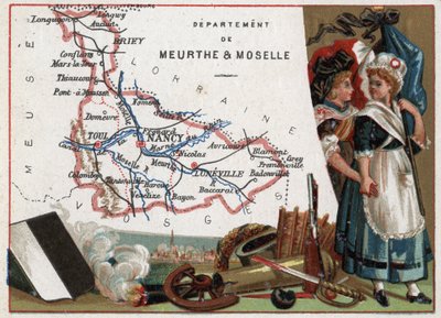 La Meurthe et Moselle (Meurthe-Et-Moselle, 54), Lorena, Francia. Retrato de dos mujeres revolucionarias. Serie sobre los Departamentos Franceses. Cromolitografía “el hilo geográfico”, circa 1920. Colección privada. de French School