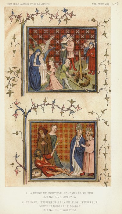 La reina de Portugal condenada a la hoguera, el Papa, el Emperador y la hija del Emperador (litografía en color) de French School