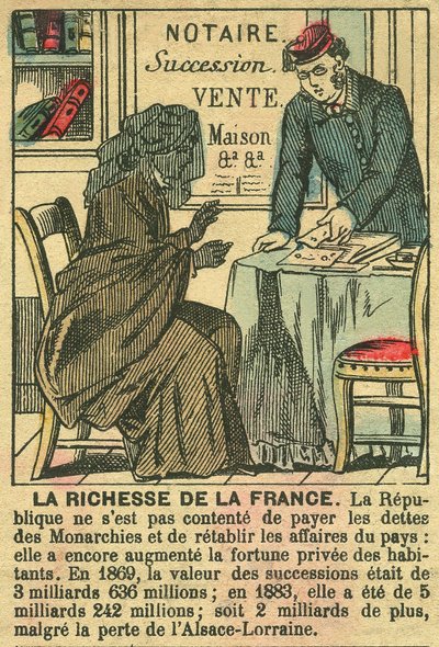 La Riche de la France, ilustrando los beneficios de la Tercera República sobre el enriquecimiento personal de los franceses. Grabado, en "Le Figaro, suplemento", el 30/03/1889, París. de French School