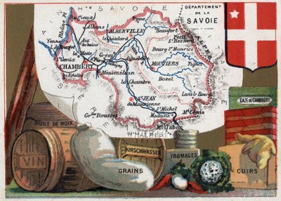 La Savoie (73), Ródano Alpes, Francia. Serie sobre los Departamentos Franceses. Especialidad local: aceite de nuez, vino, granos, kirsch, queso, gasa de Chambéry y cuero. Cromolitografía “el hilo geográfico”, circa 1920. Colección privada de French School