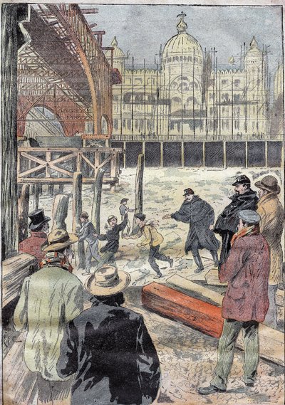 El Sena congelado, cerca del puente de hierro construido para la exposición universal, junto al Pont des Invalides, invierno de 1899. Grabado en "Le Pelerin" 31/12/1899 de French School