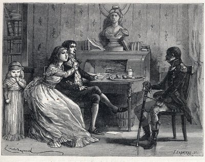 El Terror durante la Revolución Francesa: Camille Desmoulins (1760-1794), encarcelado, recibió la visita de su esposa Lucile (1770-1794) y el mariscal Guillaume Brune (1763-1815) de French School