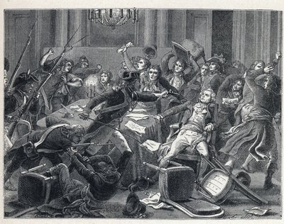 El Terror durante la Revolución Francesa: arresto de Maximilien de Robespierre (1758-1794) y sus seguidores reunidos en el Hotel de Ville de París el 9 de Thermidor año II (27 de julio de 1794). En el centro, un gendarme disparó una pistola a Robespierre ( de French School