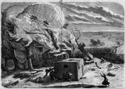 La caída del globo "Le Géant" en las llanuras de Hannover en 1863 con a bordo: Jules y Louis Godard, Félix Nadar, su esposa, Fernand Montgolfier y Thirion. Los aeronautas intentan socorrer a Mme Nadar, atrapada bajo la canasta. Grabado en "Le Monde Illustr de French School