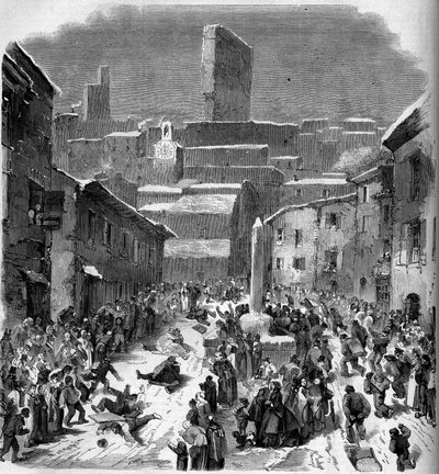 La glissade en barriots (trineo) en Bourdeaux, Drôme (26), invierno de 1860. Grabado en “Le Monde Illustré” n°149 del 18 de febrero de 1860. de French School