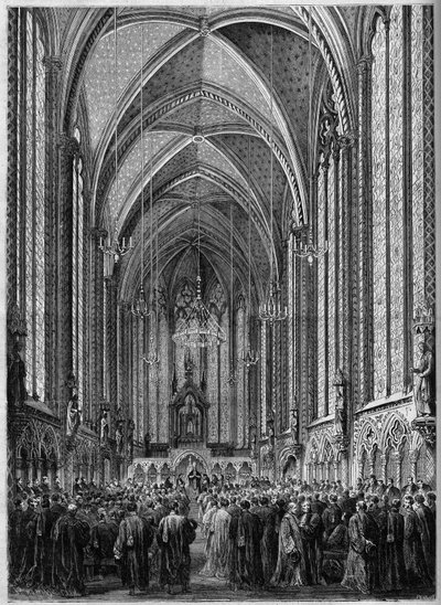 La misa del Espíritu Santo, celebrada en la Sainte Chapelle de París, con motivo del regreso de la magistratura, el 3 de noviembre de 1863. Grabado en "Le Monde Illustré" n°343 del 7 de noviembre de 1863 de French School