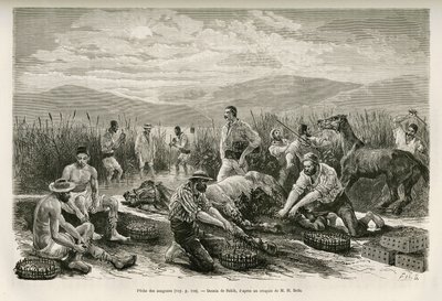 La pesca de las sanguijuelas, dibujo de Sahib, para ilustrar la historia de Henri Belle: Viaje a Grecia de French School