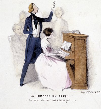 La romance de salón: hombre cantando acompañado al piano por una mujer, por Lonsay, c. 1845 de French School