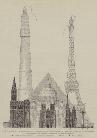 La tour Eiffel comparee a differents monuments (grabado) de French School