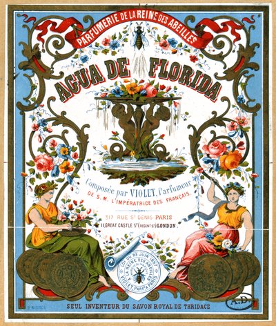 Etiqueta publicitaria del perfume Aqua de Florida de la perfumería La Reine des Abeilles, París, segunda mitad del siglo XIX de French School