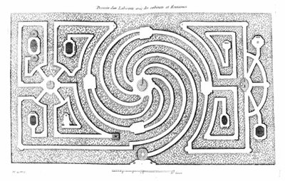 Proyecto de laberinto con gabinetes y fuentes. Basado en la teoría y práctica de la jardinería por A. J. Dézailler D