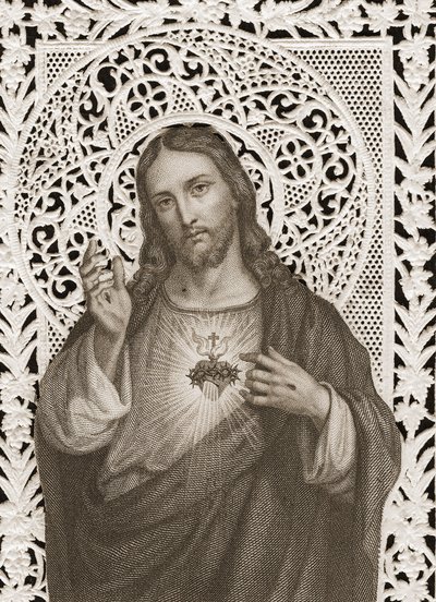 Tarjeta de encaje que representa El Sagrado Corazón de Jesús, siglo XIX (litografía en blanco y negro) de French School
