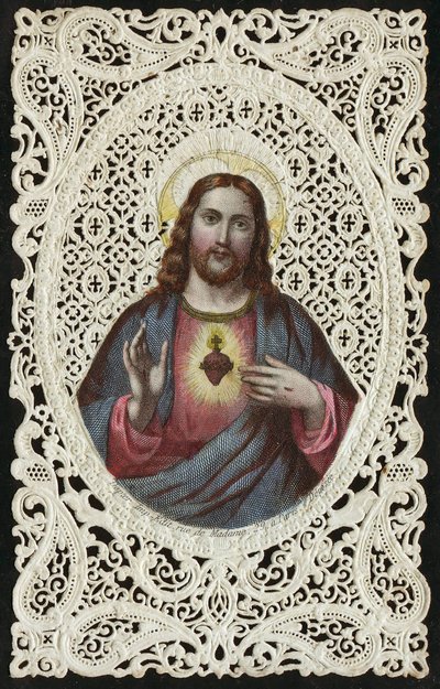Tarjeta de encaje que representa El Sagrado Corazón de Jesús, siglo XIX de French School