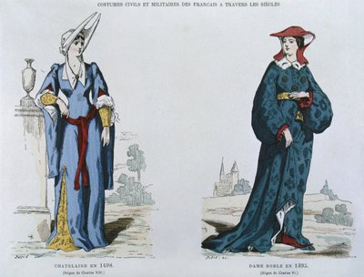 Dama en 1498 bajo el reinado de Carlos VIII (1470-98), noble en 1395 bajo el reinado de Carlos VI (1380-1422), de Costumes civils et militaires des français à travers les siècles de French School