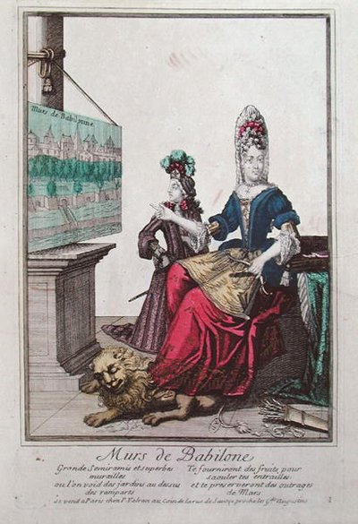 Dama mostrando una imagen de Semiramis y los Jardines Colgantes de Babilonia de French School