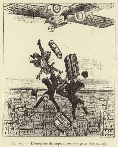 El aeroplano desembarcando a sus viajeros (caricatura) (grabado) de French School