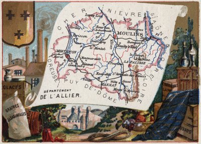 El Allier (03), Auvernia, Francia. Helado, oleaginosas, brea, manta de lana y sábanas. Serie sobre los Departamentos Franceses. Cromolitografía "el hilo geográfico", circa 1920. Colección privada de French School