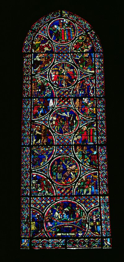Ventana lanceta que representa la Parábola del Buen Samaritano de French School