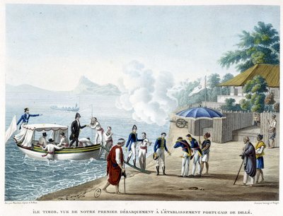 Desembarco en el asentamiento portugués de Dillè, isla de Timor de French School