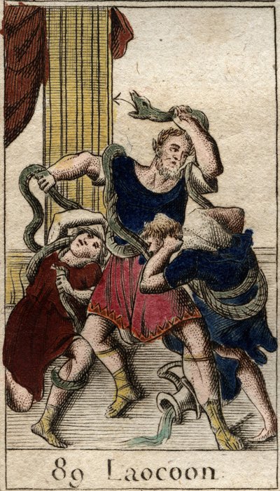Laocoonte. Minerva apoyando a los griegos envía serpientes marinas para atacar a Laocoonte que advierte a los habitantes de la ciudad de Troya contra el caballo. Las serpientes se lanzaron sobre sus dos hijos y los mataron, luego atacaron a Laocoonte. De “ de French School