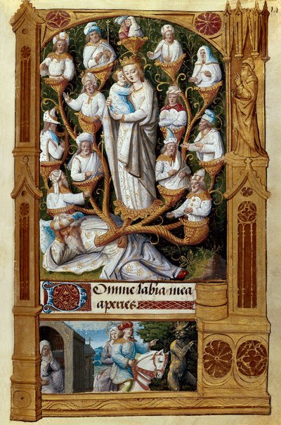 ""El Árbol de Isaí"" Isaí, el padre de David, descansa abajo, encima de su descendencia. Miniatura de la escuela francesa del siglo XV. Madrid, Biblioteca Nacional de French School