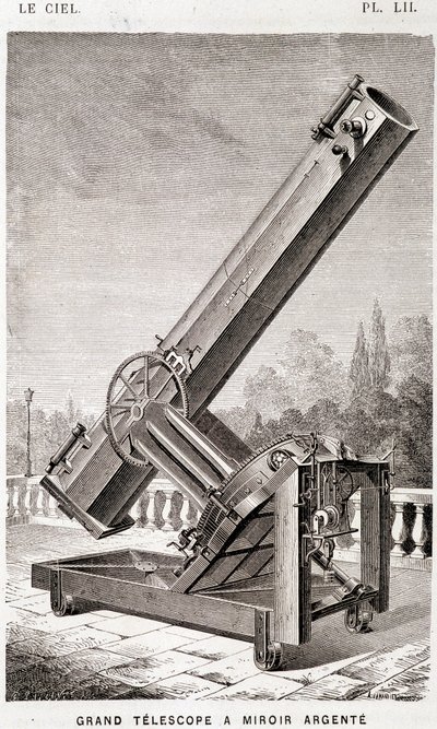 Gran telescopio de espejo de plata (sistema Léon Foucault), montado ecuatorialmente para el Observatorio de Marsella - en “El Cielo” de Amédée Guillemin, Hachette, París de French School