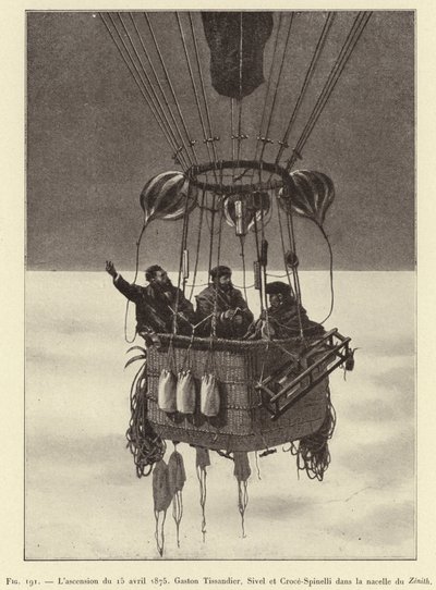 La ascensión del 15 de abril de 1875, Gaston Tissandier, Sivel y Croce-Spinelli en la góndola del Zenith de French School
