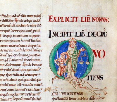 Último juicio cristo dando la bienvenida a job letra "Q" (lettrine). Miniatura del manuscrito "Moralia en Job", de la abadía de Citeaux de French School